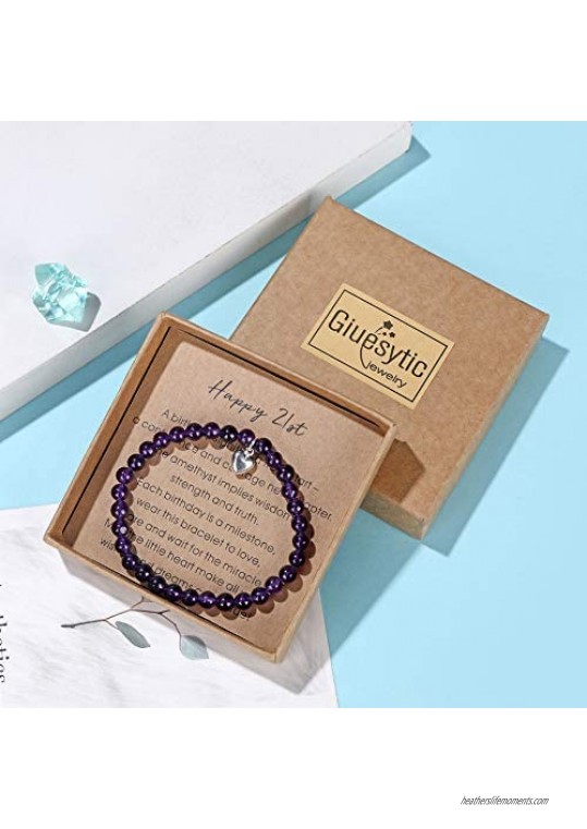 21st Birthday Gifts for Her Amethyst Bead Bracelet with Sterling Silver Heart Charm Gifts for 21 Year Old Women with Card and Gift Box