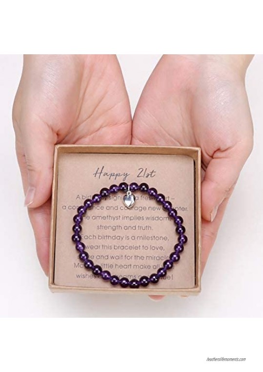21st Birthday Gifts for Her Amethyst Bead Bracelet with Sterling Silver Heart Charm Gifts for 21 Year Old Women with Card and Gift Box
