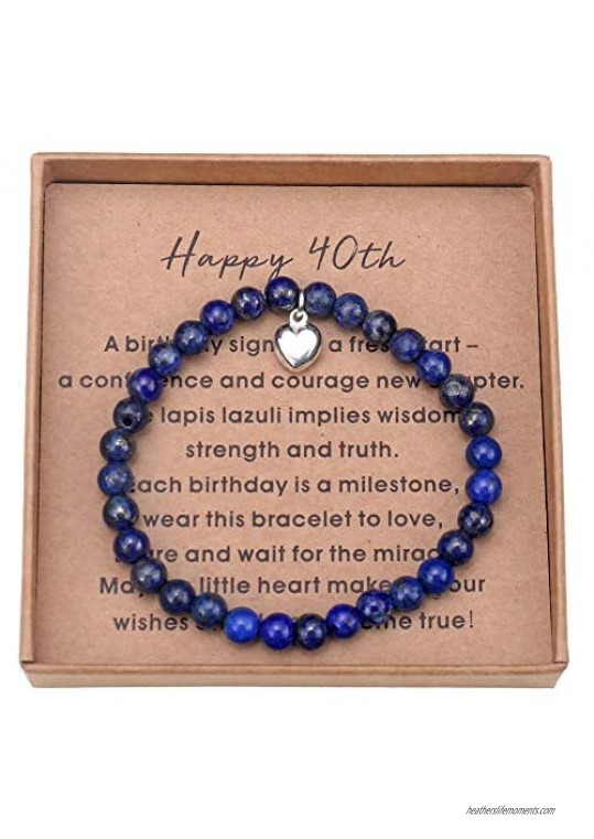 40 Birthday Gifts for Women Turning 40 - Lapis lazuli Bead Bracelet with Sterling Silver Heart Charm with Card and Gift Box