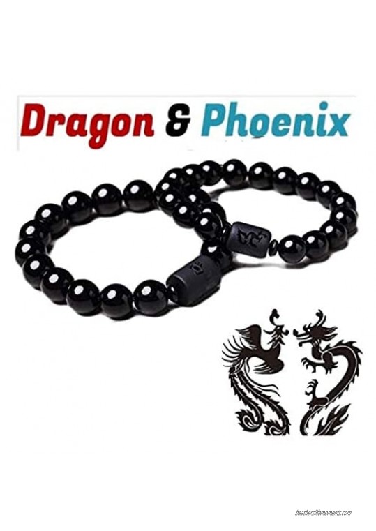Anti-Swelling Black Obsidian Bracelet - Natural Obsidian Stone Bead Bracelet Couple Men 12mm and Women 10mm Dragon and Phoenix Totem Jewelry
