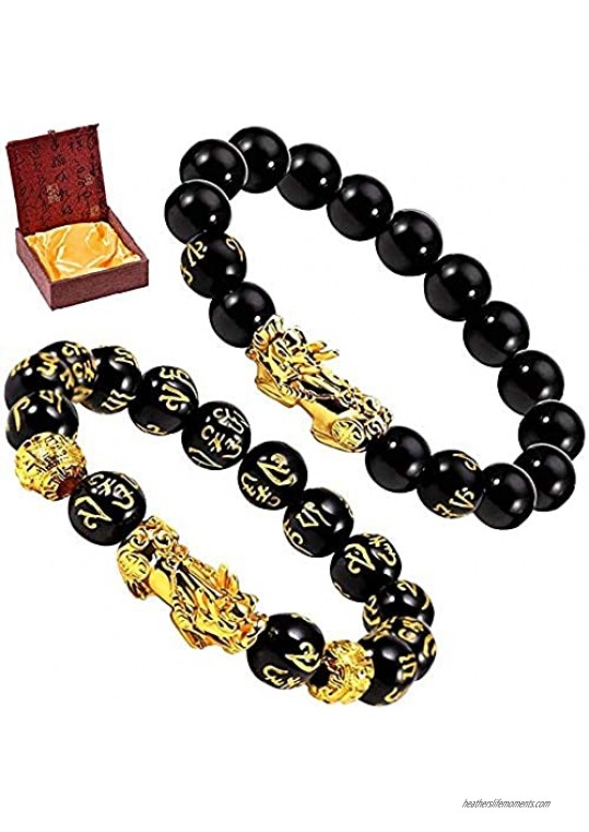 DUOVEKT 2Pcs 12mm Feng Shui Black Obsidian Bracelet  Hand Carved Wealth Luck Stone Bracelet with Pi Xiu/Pi Yao Round Beads for Women Man  Box Included