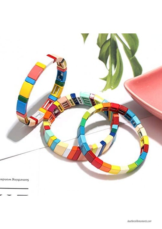 Enamel Tile Bracelet Set for Women Rainbow Color-Block Tile Beaded Strand Bracelet Colorful Enameled Stretch Bracelet Bohemian Tile Bangle Bracelet for Men (Colorful Candy style)