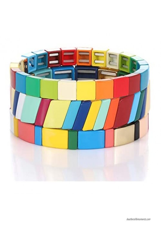 Enamel Tile Bracelet Set for Women Rainbow Color-Block Tile Beaded Strand Bracelet Colorful Enameled Stretch Bracelet Bohemian Tile Bangle Bracelet for Men (Colorful Candy style)