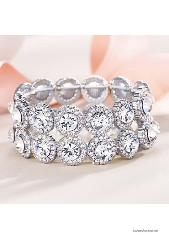 EVER FAITH Women's Austrian Crystal Bridal 2 Layers 8-Shaped Knot Elastic Stretch Bracelet
