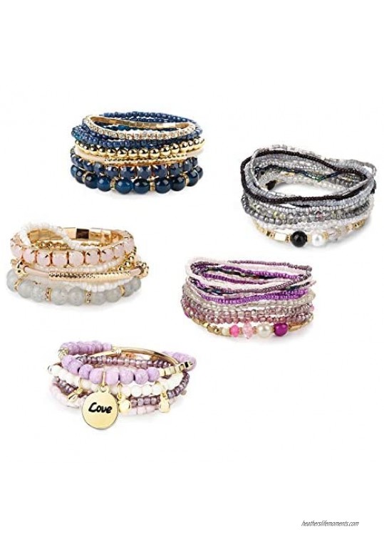 Finrezio 5 Sets Bohemian Beaded Bracelets for Women Multilayer Stretch Stackable Bracelet Set Multicolor Jewelry