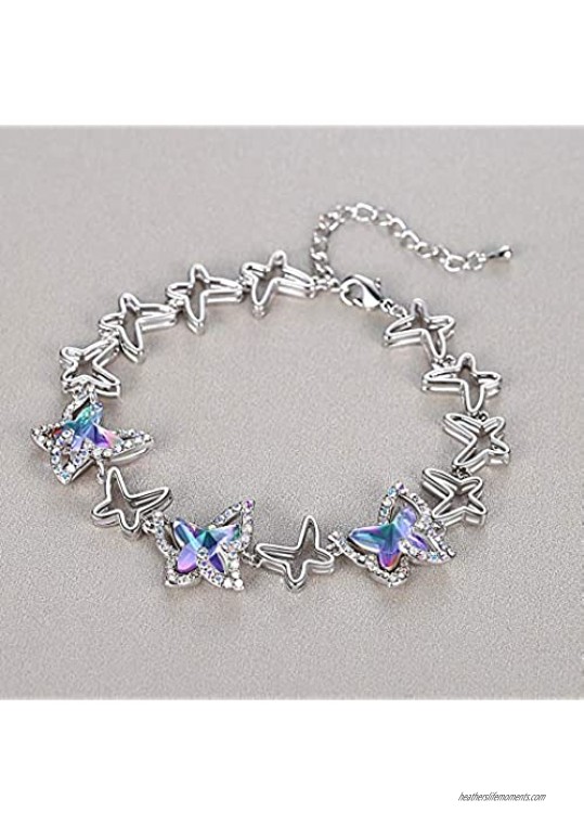 GEMMANCE Butterfly Link Charm Bracelet with Premium Birthstone Crystal Silver-Tone 7”+2” Chain