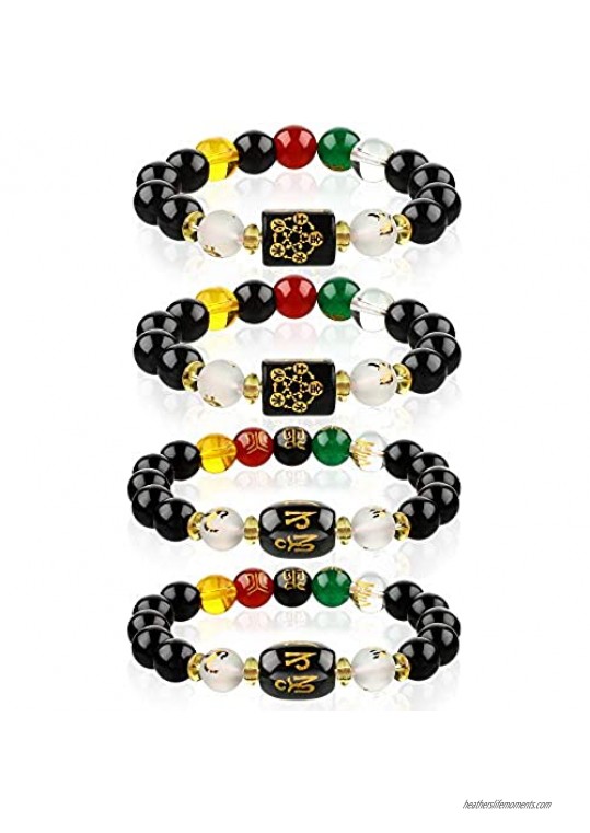 Hicarer 4 Pieces Five-Element Feng Shui Obsidian Bracelets 10 mm Adjustable Wealth Prosperity Bracelet for Attracting Good Luck and Wealth