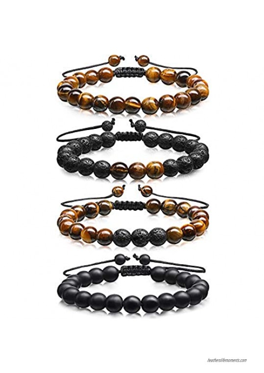 Hicarer 4 Pieces Tiger Eye Stone Bracelet Adjustable Lava Rock Bracelet Yoga Beads Bracelet for Men and Women 8 mm