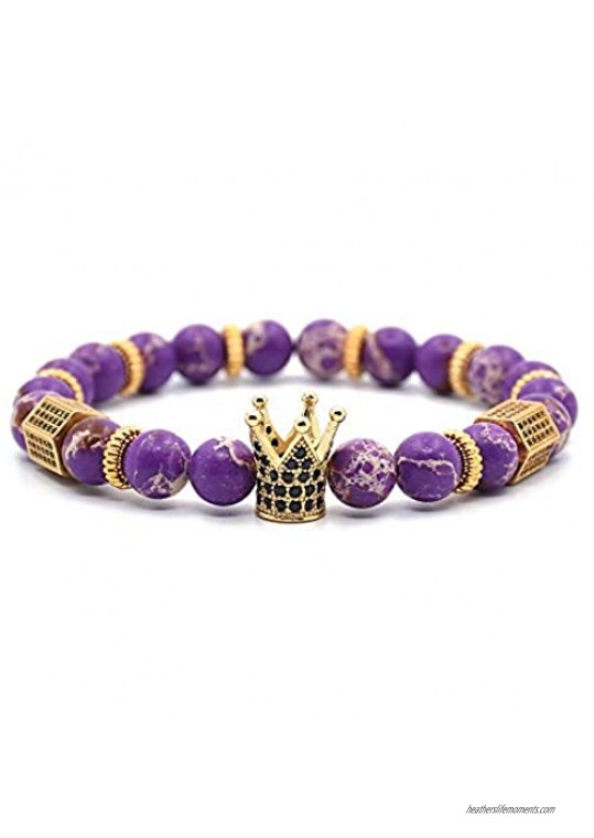 Holattio 8mm Crown King Charm Bracelet for Men Women Black Matte Onyx Stone Beads  7.5"