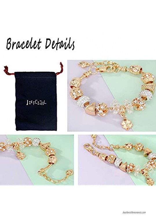 JIEFEIZHL Charm Bracelets for Women Gold Plated Handmade Carved Wristbands Sparkly Crystal Bracelets with Extended Link Jewelry Gifts Teens