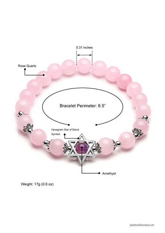 JOVIVI 2pcs Handmade Semi Precious Natural Amethyst Rose Quartz Gemstone Bracelets Pentagram Bead Healing Crystal Beaded Stretch Bracelet