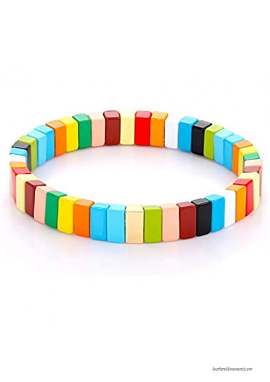 LENOOCLE Rainbow Enamel Tile Bracelet Colorful Beaded Stretch Bracelet Geometric Stackable Color-Block Strand Bracelet for Women Girls