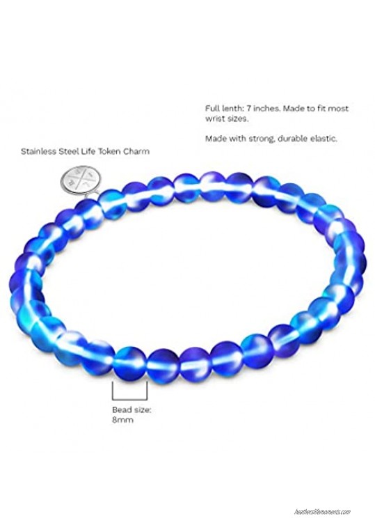 Life Token Shimmer Beads 8mm Glowing Glass Mermaid Moonstone Stretch Bracelet for Women White Deep Dark Rainbow Sapphire Blue