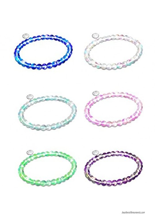 Life Token Shimmer Beads 8mm Glowing Glass Mermaid Moonstone Stretch Bracelet for Women White Deep Dark Rainbow Sapphire Blue