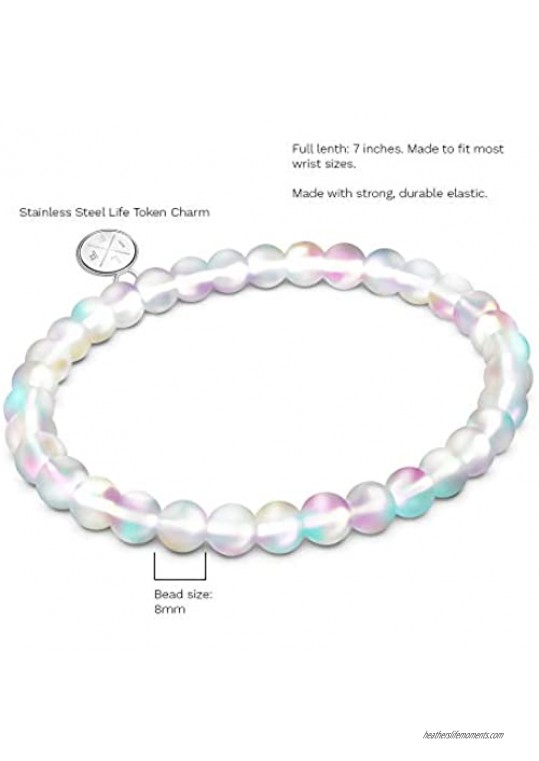 Life Token Shimmer Beads 8mm Glowing Glass Mermaid Moonstone Stretch Bracelet for Women White Iridescent Rainbow Aura