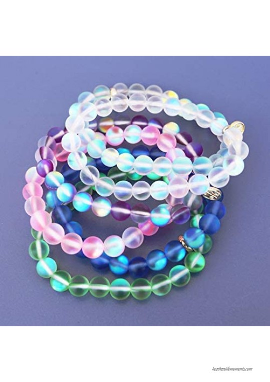 Life Token Shimmer Beads 8mm Glowing Glass Mermaid Moonstone Stretch Bracelet for Women White Iridescent Rainbow Aura