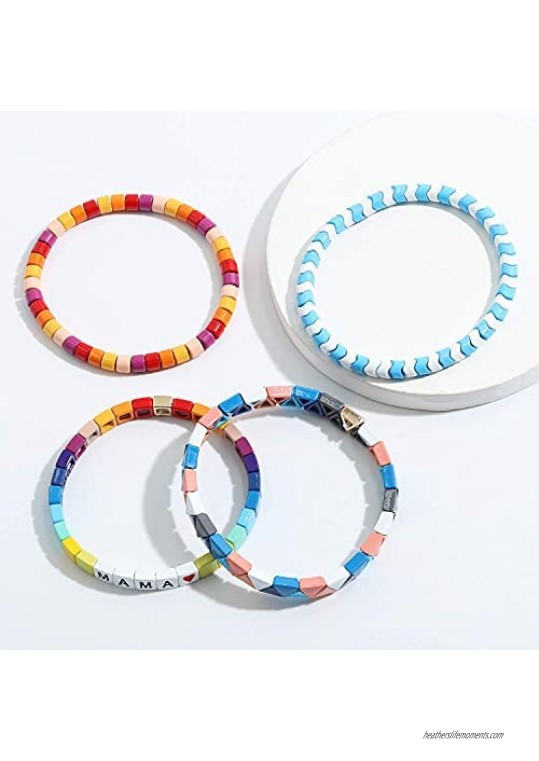LITRENDY Enamel Tile Bracelet Set Rainbow Tile Bead Bracelets Bohemian Strand Bracelets for Lady Women