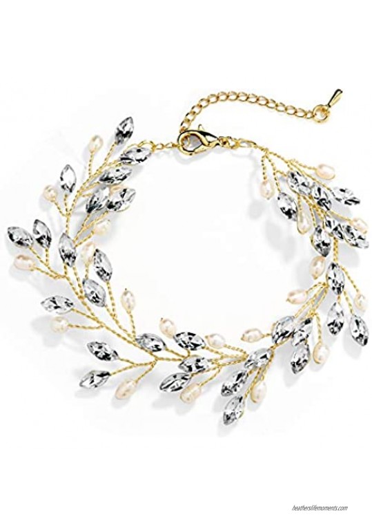 Mariell Bridal and Wedding Gold Bracelet with Crystal Gems and Freshwater Pearls  Fits 7" to 8 ½" Wrist