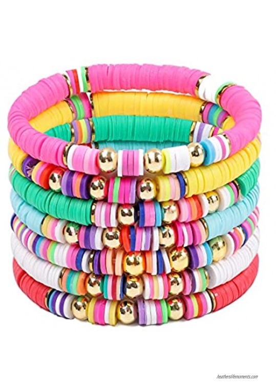 MOROYA 7PCS Colorful Sliced Clay Bracelets for Women Handmade Stackable Rainbow Vinyl Disc Bead Strech Bracelets Set Plastic Summer Wristband