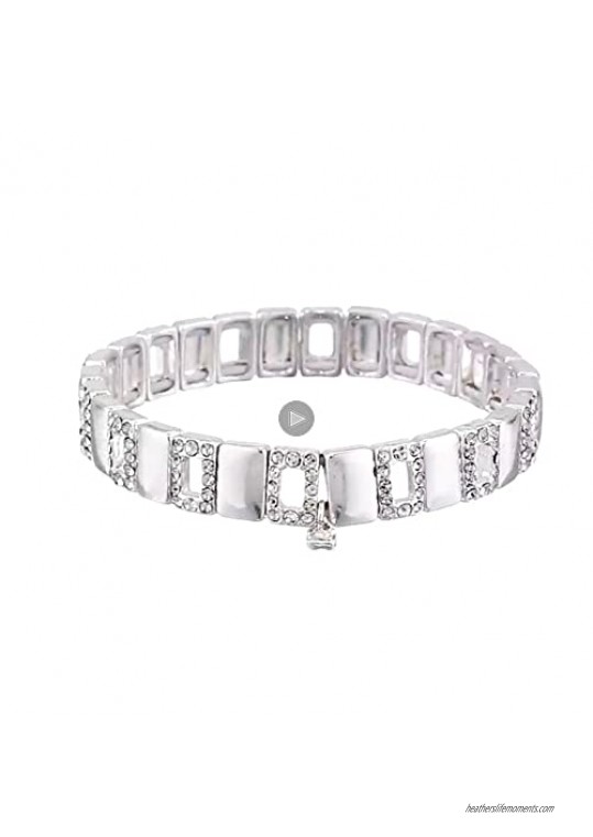 NINE WEST Women's Box Silver Tone Crystal Stretch Bracelet One Size