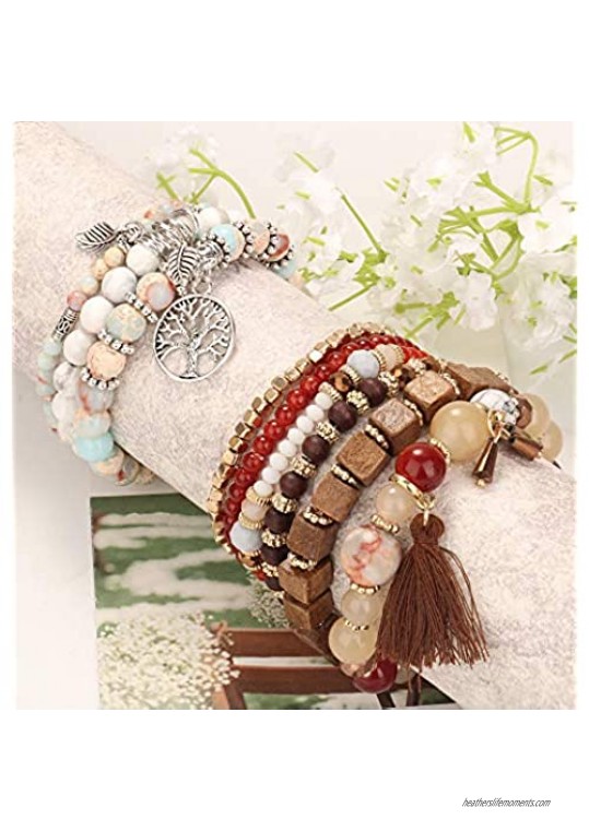 ORAZIO Bohemian Stackable Beaded Bracelets for Women Multilayer Stretch Strand Charm Bracelet Set