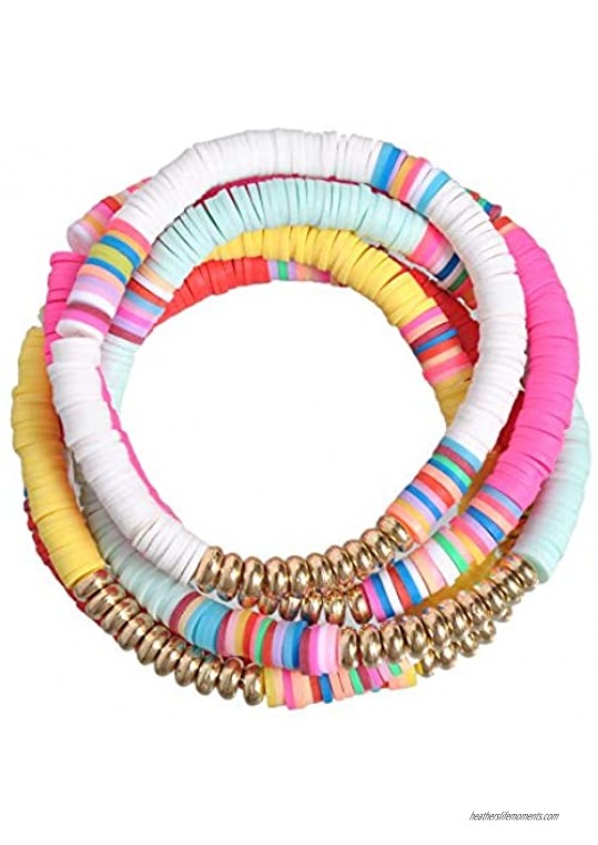 Pingyongchang 5 Pcs Colorful Sliced Clay Bracelets Handmade Rainbow Polymer Elastic Rope Boho Beaded Bracelet Set Summer Beach Surf Stackable Stretch Colorful Bracelets Jewelry for Women