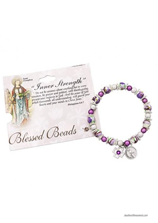 Rosemarie & Jubalee Women's Religious St Dymphna Purple and White Ceramic Bead Stretch Bracelet