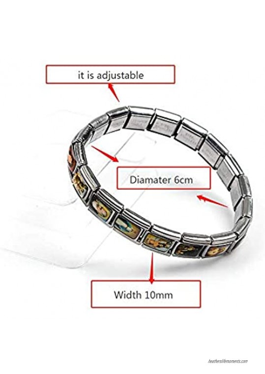 Silver plated Catholic Saints Stretch Wrist Bangle Bracelets with Assorted Color Images of Saints Jesus and Mary Stretchable Bracelet I Catholic Gifts Religious unisex bracelet with saints.