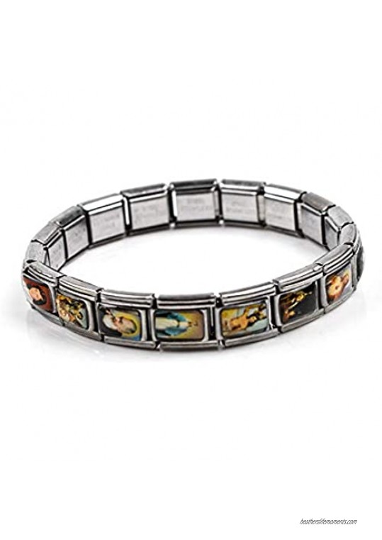 Silver plated Catholic Saints Stretch Wrist Bangle Bracelets with Assorted Color Images of Saints  Jesus and Mary  Stretchable Bracelet I Catholic Gifts Religious unisex bracelet with saints.