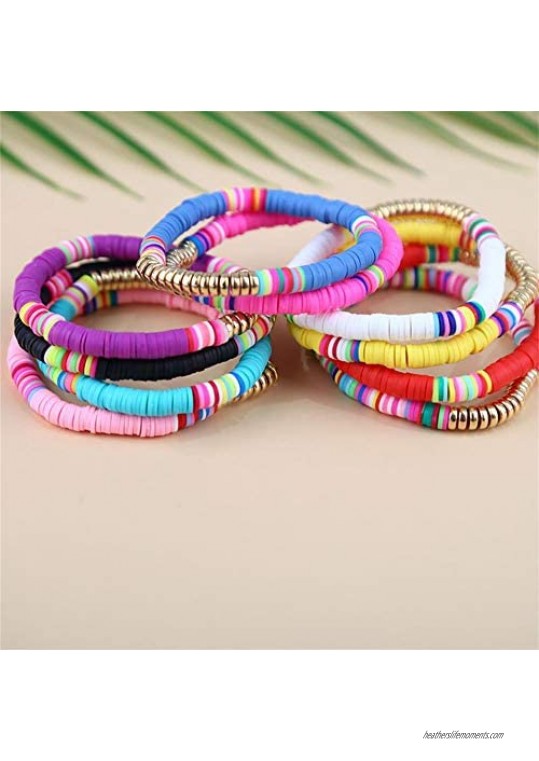 The Woo's 10Pcs Colorful Polymer Clay Bracelets Handmade Rainbow Disc Bead Elastic Rope Stretch Bracelets Boho Beaded Bracelet Set Summer Beach Surf Stackable Jewelry for Women Girl