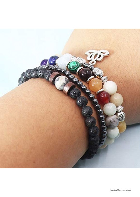 UEUC 7 Chakra Hematite Healing Bracelets for Women Diffuser Yoga Reiki Lotus Charm Bracelet Set Stress Relief Bracelet
