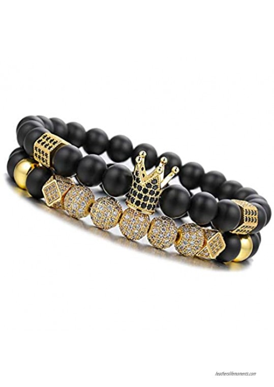 WFYOU 8mm Charm Beads Bracelet for Men Women Black Matte Onyx Natural Stone Beads 7.5