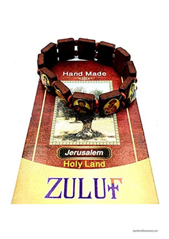 Zuluf Saint Icons Wood Beads Saints Bracelet Elastic Adjustable Bangles from Jerusalem Holy Land | Saint Bracelet for Men and Women Icon Image Stretch Bracelet | Orthodox Catholic Saints |BRA001