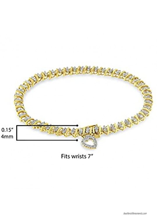 10K Yellow Gold over .925 Sterling Silver 2.0 Cttw Diamond Heart Charm 7 Link Bracelet (I-J Color I3 Clarity)