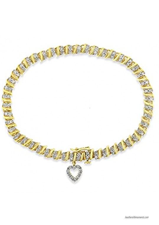 10K Yellow Gold over .925 Sterling Silver 2.0 Cttw Diamond Heart Charm 7 Link Bracelet (I-J Color I3 Clarity)