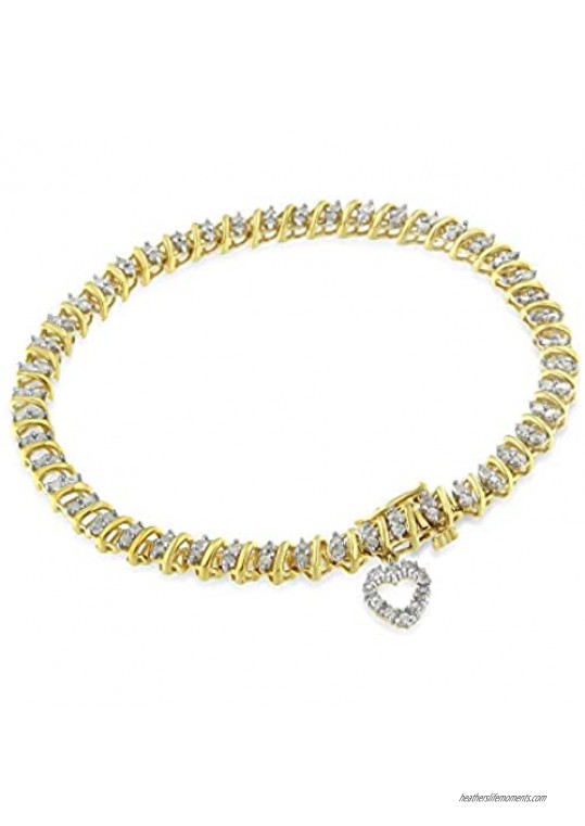 10K Yellow Gold over .925 Sterling Silver 2.0 Cttw Diamond Heart Charm 7" Link Bracelet (I-J Color  I3 Clarity)