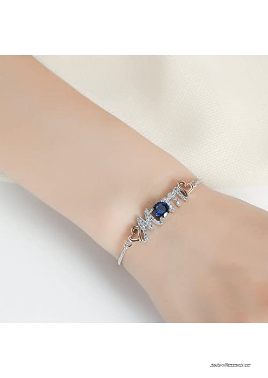 Caperci Adjustable Silver Blue Sapphire Heart MOM Bolo Bracelet - Perfect Mothers Day Jewelry Gift