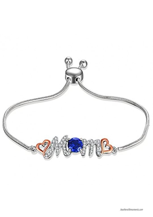 Caperci Adjustable Silver Blue Sapphire Heart MOM Bolo Bracelet - Perfect Mothers Day Jewelry Gift