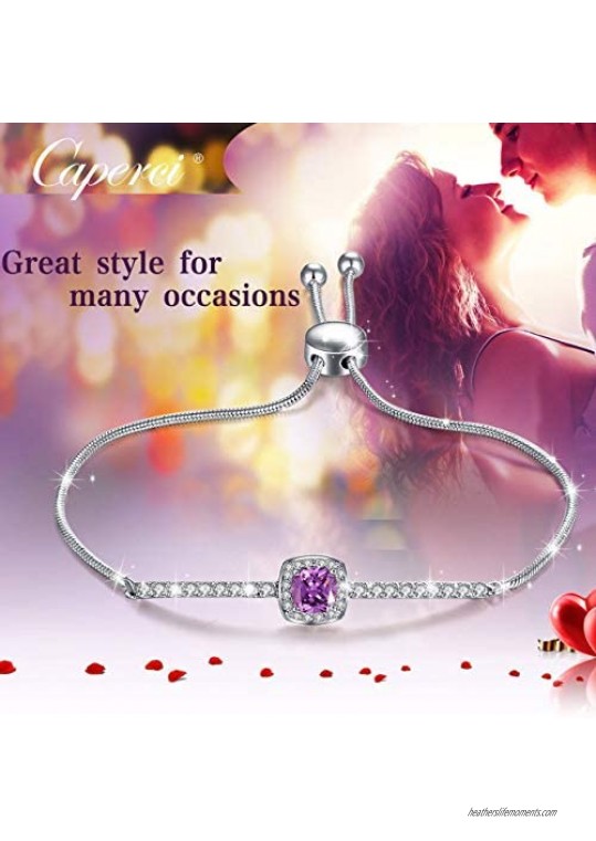 Caperci Women's Adjustable Cushion Cut Created Purple Gemstone Amethyst Bolo Bracelet in Sterling Silver