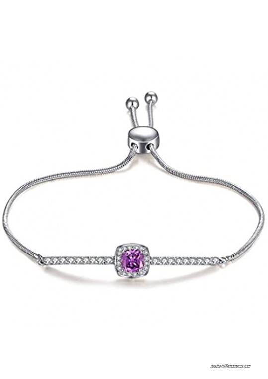 Caperci Women's Adjustable Cushion Cut Created Purple Gemstone Amethyst Bolo Bracelet in Sterling Silver