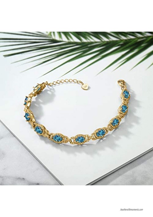 Gem Stone King 10.20 Ct Oval London Blue Topaz 18K Yellow Gold Plated Silver 7 Inch Bracelet With 1 Inch Extender
