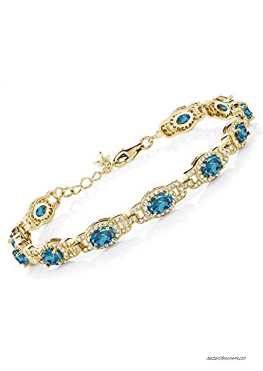 Gem Stone King 10.20 Ct Oval London Blue Topaz 18K Yellow Gold Plated Silver 7 Inch Bracelet With 1 Inch Extender