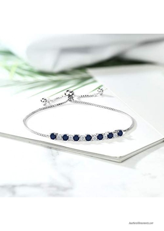Gem Stone King 925 Sterling Silver Blue Sapphire and White Topaz Adjustable Tennis Bracelet For Women (1.15 Cttw Adjustable Up to 9 Inch)