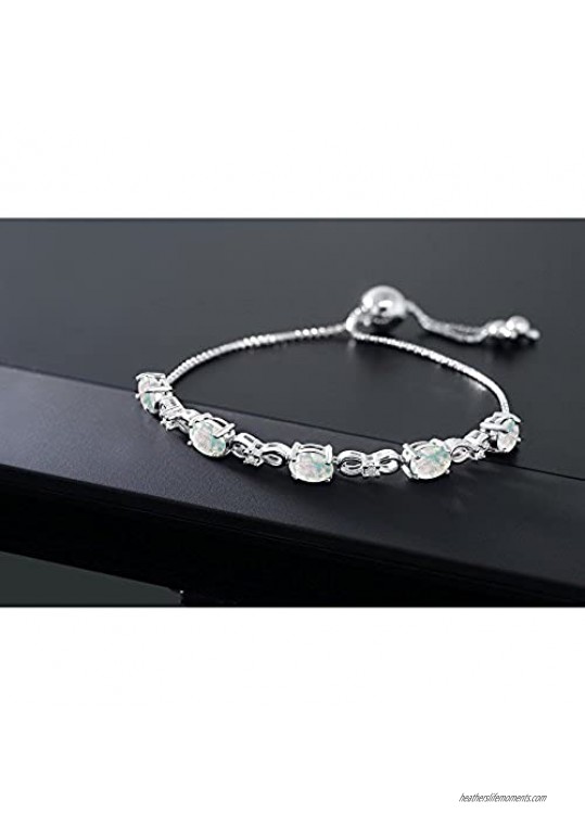 Gem Stone King 925 Sterling Silver Oval White Simulated Opal and Lab Grown Diamond Adjustable Tennis Bracelet For Women