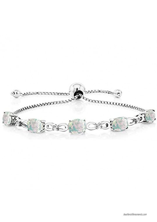 Gem Stone King 925 Sterling Silver Oval White Simulated Opal and Lab Grown Diamond Adjustable Tennis Bracelet For Women