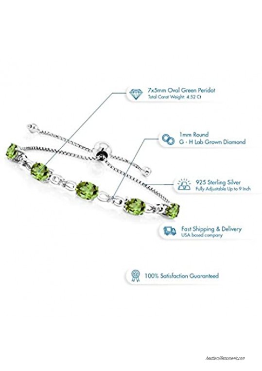 Gem Stone King 925 Sterling Silver Peridot and Lab Grown Diamond Adjustable Tennis Bracelet (4.52 Cttw Gemstone Birthstone Adjustable up to 9 inches)