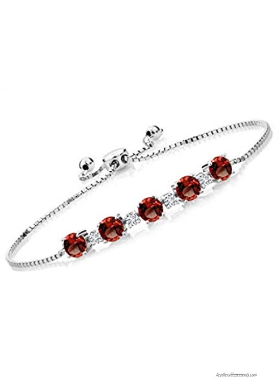 Gem Stone King 925 Sterling Silver Red Garnet and White Lab Grown Diamond Women Adjustable Tennis Bracelet (5.26 Cttw Round Cut  Center Stone: 5MM  Small Stones: 2.5MM)