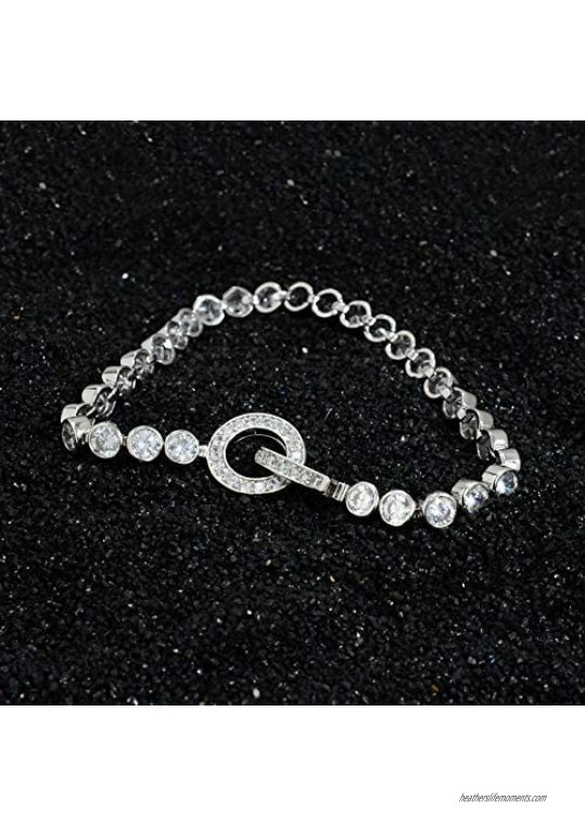 Mamfous White Gold Plated Round-Cut AAA+ Cubic Zirconia Classic Tennis Bracelet for Women