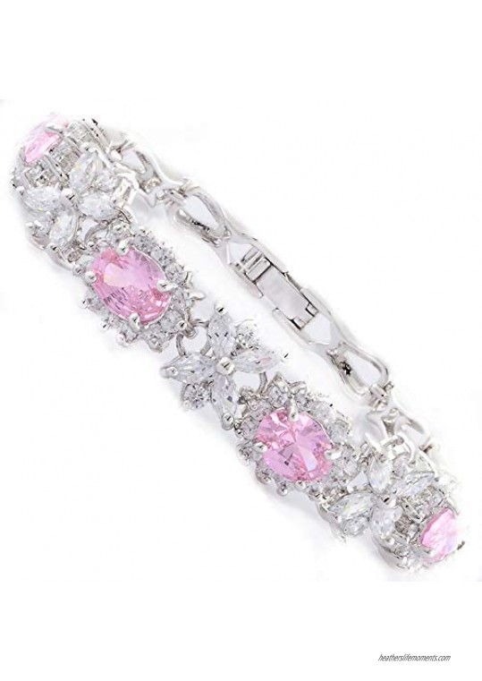 RIZILIA BLOSSOM Tennis Bracelet & Oval Cut CZ [4 Colors available] in White Gold Plated  7"