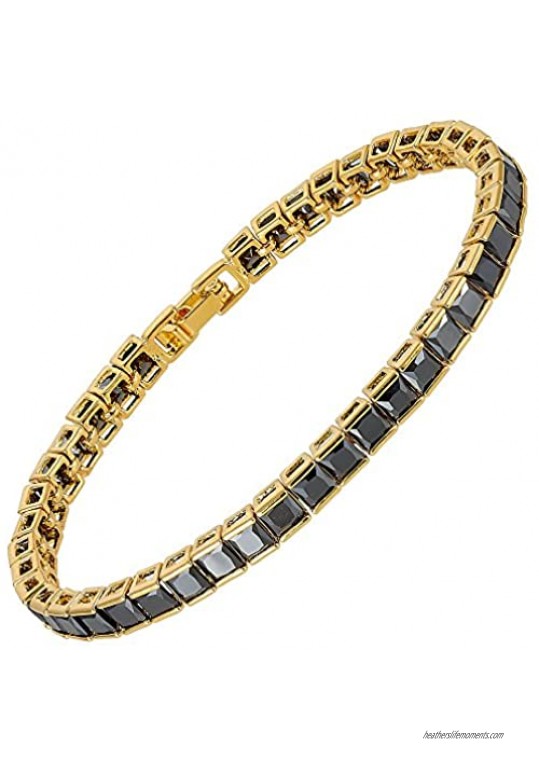 RIZILIA Tennis Bracelet & Square Cut CZ [Simulated Black Onyx] in Yellow Gold Plated  7"